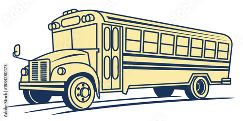 Side view of a yellow school bus in minimalist graphic style with transportation education transport illustration passenger schoolbus children learning schooling automotive transporting