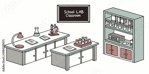Isometric science laboratory classroom with microscope and equipment laboratory classroom microscope experiment education chemistry equipment academic research scientific bookshelf