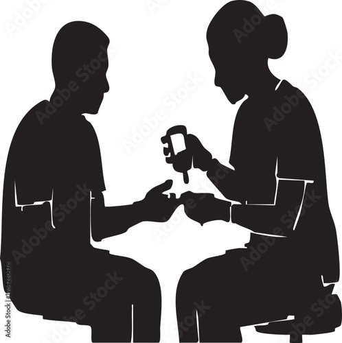 Point of Care Blood Glucose Testing Vector Silhouette Nurse and Patient