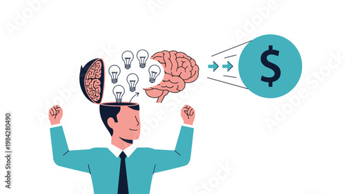 A man's innovative brain generates numerous ideas, leading directly to a dollar sign, symbolizing idea monetization and profit.