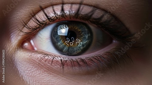 Close-up of a human eye reflecting colorful light and shapes  