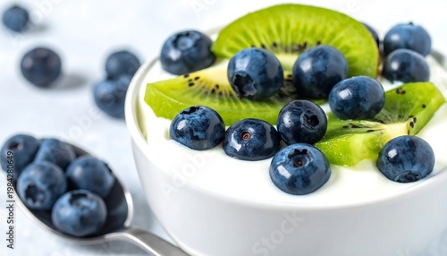 Bowl of yogurt topped with blueberries and kiwi, plus blueberries on a spoon