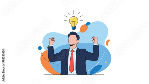 Enthusiastic businessman with a bright lightbulb illuminating above his head, symbolizing a sudden brilliant idea, innovation, and creative inspiration.