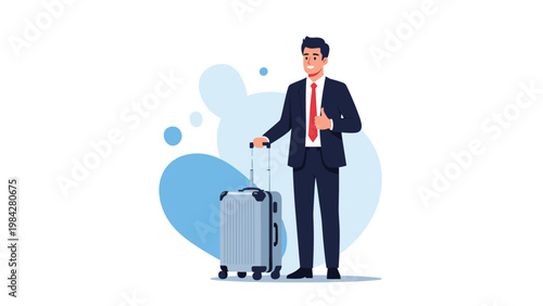 Cheerful businessman in a neat suit standing with a wheeled suitcase, confidently giving a thumbs-up gesture, indicating approval or a successful trip.