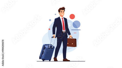Smiling businessman in a suit and tie walking confidently, pulling a wheeled suitcase and carrying a briefcase, ready for business travel or vacation.