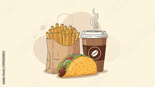 Delicious and tempting fast food combo featuring crispy French fries in a paper bag, a savory taco, and a hot cup of coffee, perfect for a quick meal.