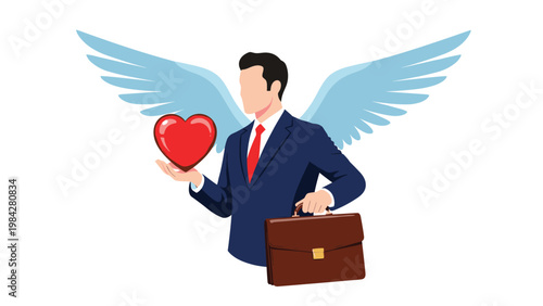 Compassionate businessman with angelic wings holding a bright red heart and a briefcase, symbolizing ethics, philanthropy, and a caring approach in business.