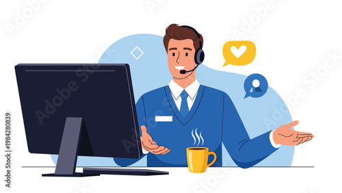 Friendly male customer service representative wearing a headset and smiling, sitting at a desk with a computer and coffee, providing excellent support.