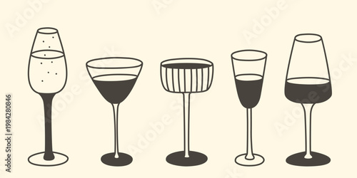 Glasses with alcoholic drinks, including wine, martini, champagne and port, doodle style. Simple hand-drawn silhouette set of long-stemmed glasses for cocktails and liquids, vector graphics