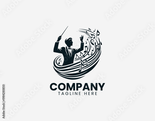 Music conductor silhouette with flowing notes is illustrated in bold elegant black vector logo style on white background
