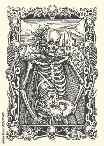 Macabre engraving of a skeleton embracing a head in gothic frame with memento mori skeleton skull frame engraving illustration historical symbolic portrait decorative architecture artistic