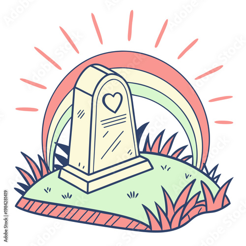 Tableau sur toile A cute cartoon grave marker with a heart and rainbow, surrounded by grass and sun rays, representing love, hope, and remembrance