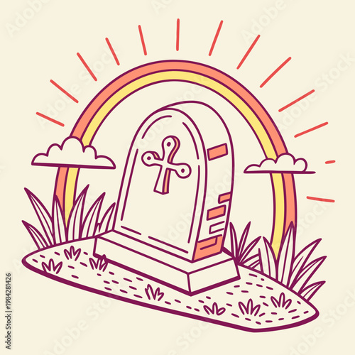 Tombstone under rainbow and clouds, memorial stone with cross symbol on grassy hill, spiritual afterlife depiction with sun rays.