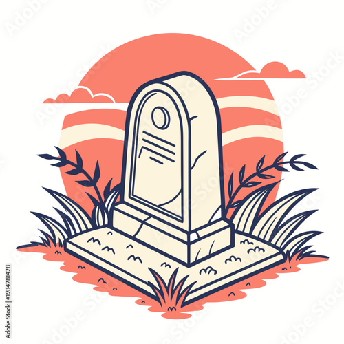 Stone tombstone with rounded top on textured base, surrounded by foliage under setting sun, traditional graveyard monument with cracked surface.