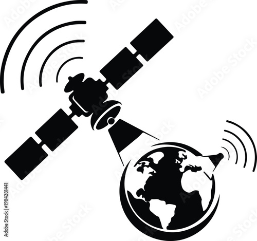 Silhouette global communication satellite orbiting earth broadcasting technology network vector design