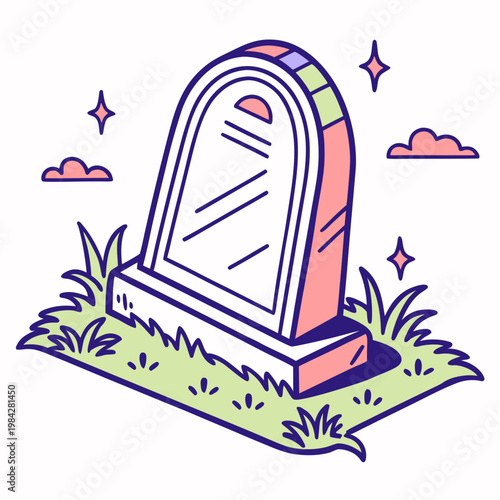 Colorful graveyard tombstone illustration on green grass field under starry sky with pink clouds featuring rainbow arch details and festive vibe art.