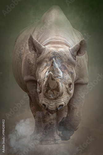 Black Rhinoceros Charging with Dust Clouds Representing Power and Danger with copy space