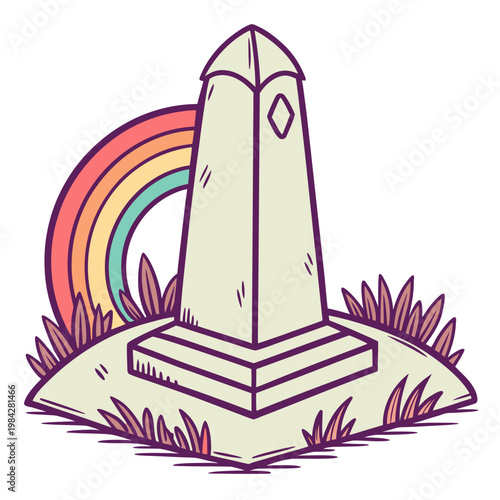 A memorial monument with rainbow and grass isolated on white, honoring remembrance and celebrating life with colorful arc in cemetery or park.