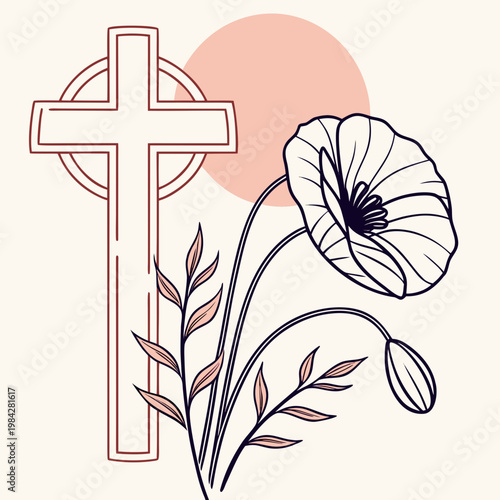 Celtic cross with poppy flowers and elegant foliage, symbolizing spirituality and peace, a graceful illustration for memorial concepts.