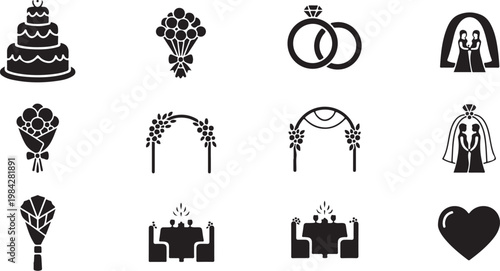 Wedding icons and symbols in black silhouette style