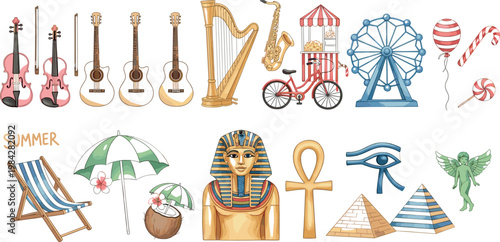Vintage and cultural icons set including musical instruments carnival ride Egyptian symbols and summer elements isolated vector illustration