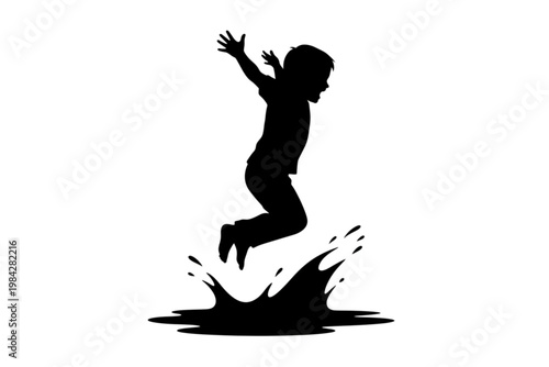Joyful Jump into Water: A silhouetted child leaps with unbridled joy into a puddle of water, creating a splash. Evoking carefree innocence and the simple pleasure of play.