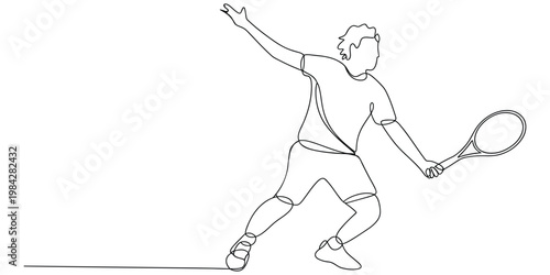 Minimalist continuous line art illustration of a male tennis player hitting a powerful shot