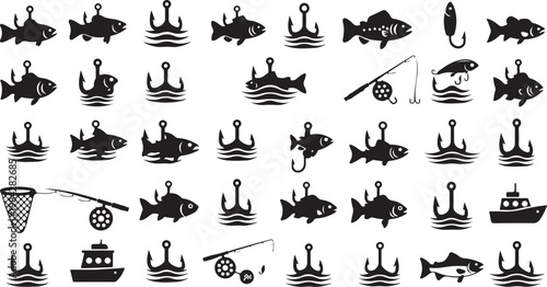 Fishing icons and symbols in black and white