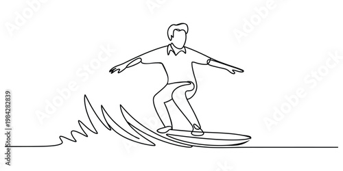 Continuous line drawing of a male surfer riding a wave on a surfboard in a minimalist style