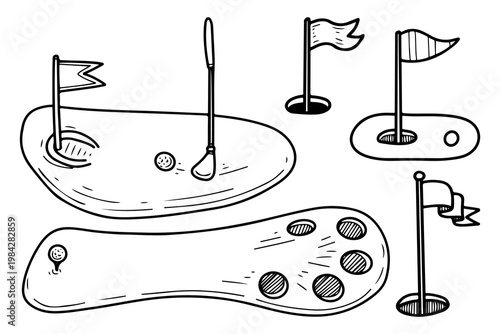 Golf set. Hand drawn vector doodle. Course with holes. Sports game. Area for hitting the ball with a club. Finish flag. Line art graphic illustration.