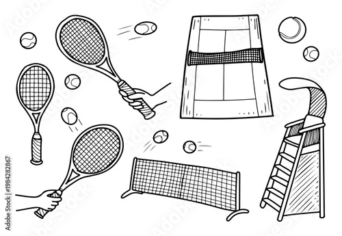 Tennis set. Hand drawn vector doodle. Court, racket in hand, ball, net, referee chair. Sports game. Tournament. Active life. Line art graphic illustration.
