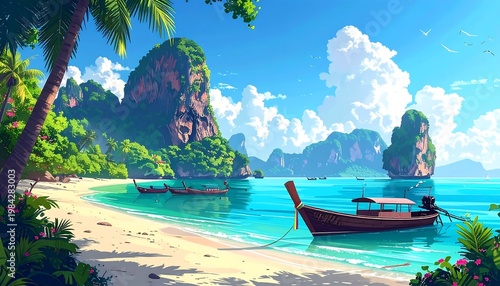 Serene tropical beach scene with boats, limestone cliffs, lush greenery, and turquoise water