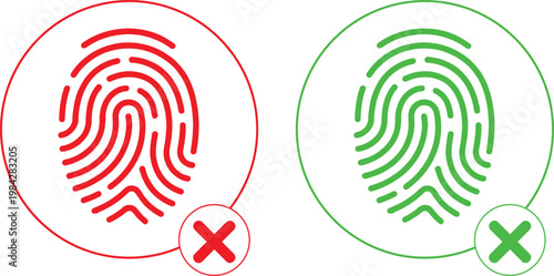 Fingerprint Scan Approval and Rejection Icons featuring Biometric Security, Green Check and Red Cross Validation Concept