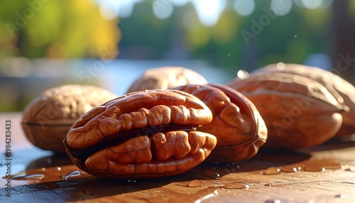 Shelled and unshelled walnuts sit on a wet wood surface with blurred green-blue background