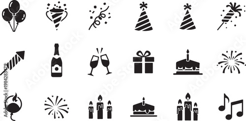 Black and White Birthday Party Celebration Icons Set