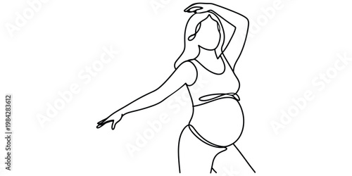Elegant continuous line drawing of a pregnant woman in a crop top posing with one arm raised