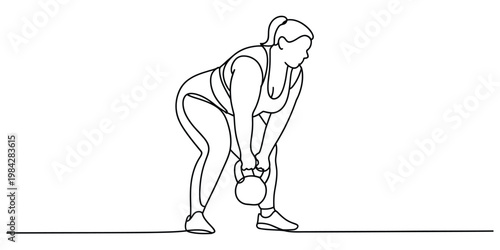 Plus size woman doing a kettlebell workout in a continuous line art drawing style