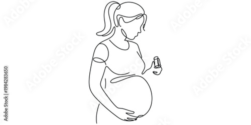 Continuous line drawing of a pregnant woman holding medication and touching her belly