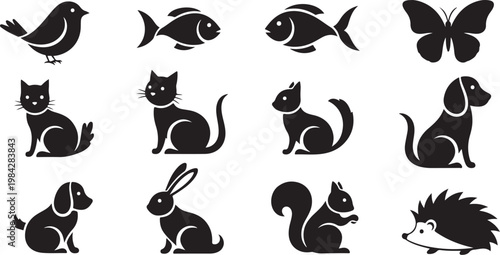 Black and white animal silhouettes on clean background