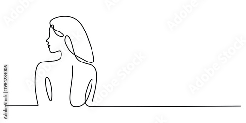 Minimalist continuous one line drawing of a woman from the back with her head turned to the side