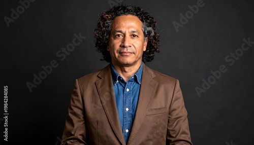 Man in jacket with dark curly hair against dark background