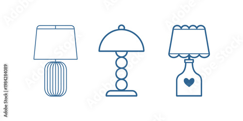 Three distinct decorative table lamps are presented in a minimalist line art style isolated on transparent background