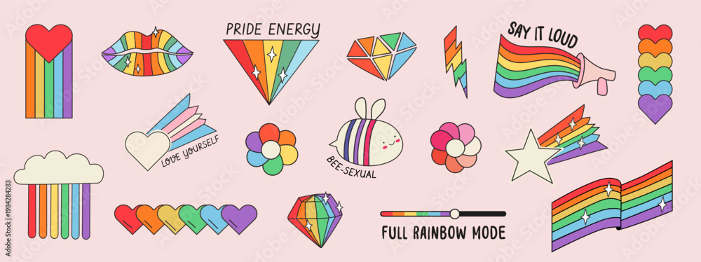 Obraz premium Retro LGBTQ pride stickers with inclusive rainbow slogans. Hand-drawn queer icons, bisexual and lesbian elements, transgender flag and pride month symbols for stationery or social media design. Vector