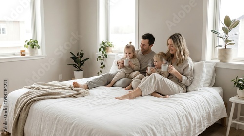 A family of three sits on a bed in a bright, beige-colored bedroom with plants, enjoying a cozy morning together.