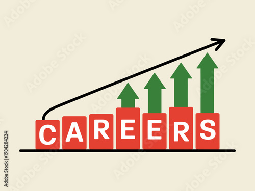 Conceptual illustration depicting career growth and upward trajectory represented by red blocks spelling careers and green arrows