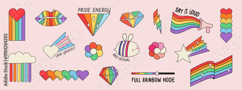 Retro LGBTQ pride stickers with inclusive rainbow slogans. Hand-drawn queer icons, bisexual and lesbian elements, transgender flag and pride month symbols for stationery or social media design. Vector