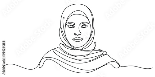 Continuous line drawing of a beautiful young muslim woman wearing a traditional hijab headscarf
