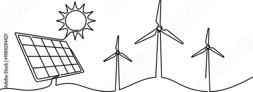 Renewable Energy Line Art Vector – Solar Panel and Wind Turbines Minimalist Continuous Line Illustration