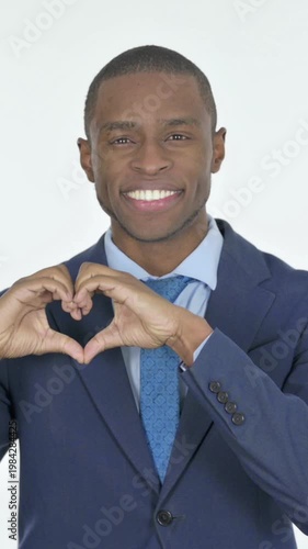 Handmade Heart by African Businessman on White Background, Vertical Video