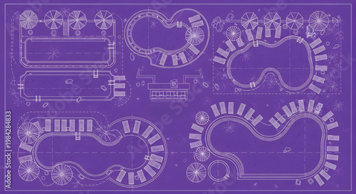 Pool and Leisure Area Layout with Pool Bar Blueprint Icon Set – Multi View AutoCAD Resort Landscape Technical Drawing White Outline on Purple Background